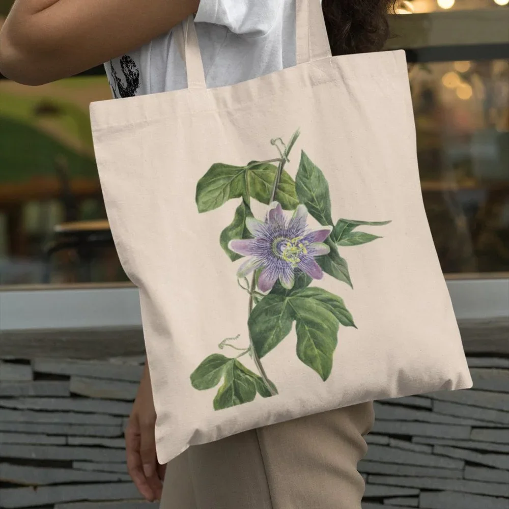 Purple Passion Flower Vintage Watercolor Floral Print Graphic Canvas Tote Bag